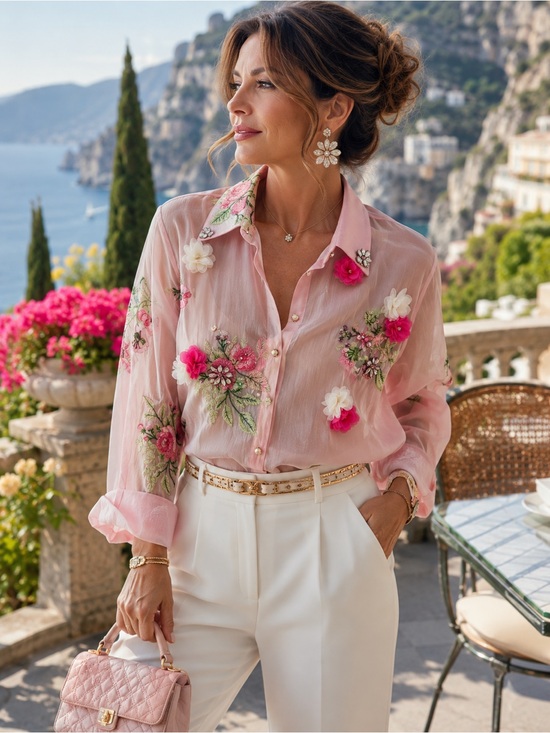 KEBUNUO Tops - NWT KEBUNUO Pink Sheer Floral Embroidered 3D Appliqué Button-Up Blouse OS
